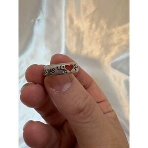 VINTAGE STERLING SILVER ENAMEL Red HEART LOVE WAITS BAND RING  SIZE 5